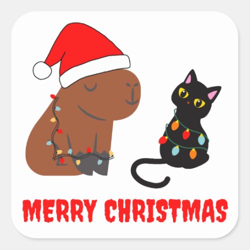 Cute Cat and Capybara Christmas Square Sticker