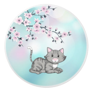 Cute Cat and Cherry Blossoms Turquoise  Girls Ceramic Knob
