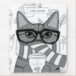 Cute Cat and Coffee Lover Personalised Mouse Pad<br><div class="desc">Adorable kitty wrapped in scarf,  wearing glasses and holding coffee on personalised mouse pad.</div>
