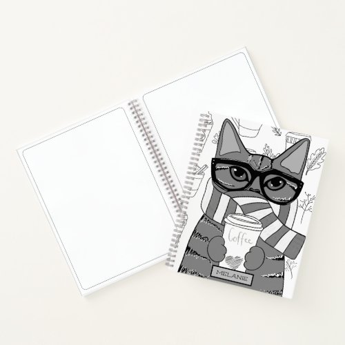 Cute Cat and Coffee Lover Personalised Notebook