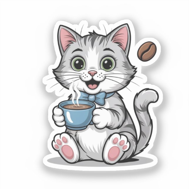 Cute Cat and Coffee Morning Vibes for Cat Lovers Sticker (Front)