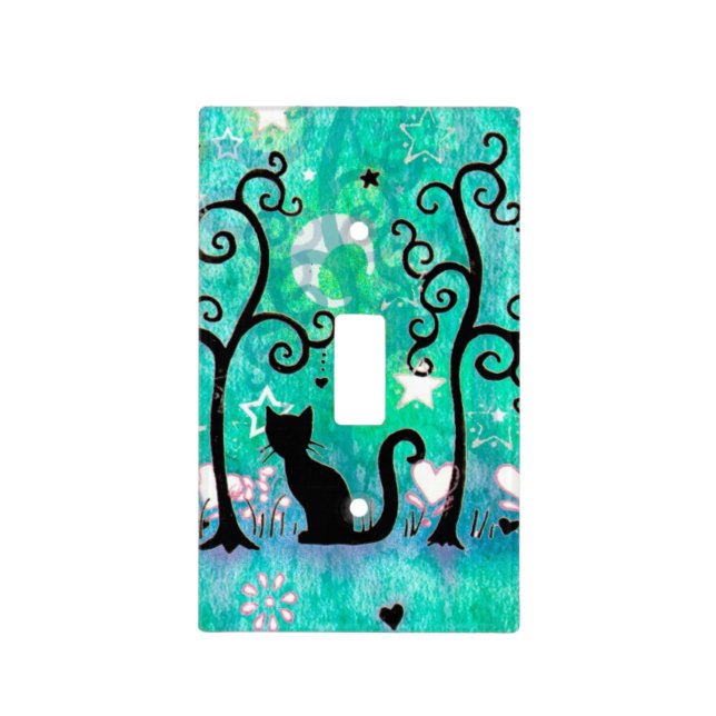 Cute Cat and Curly Trees Light Switch Cover (Front)
