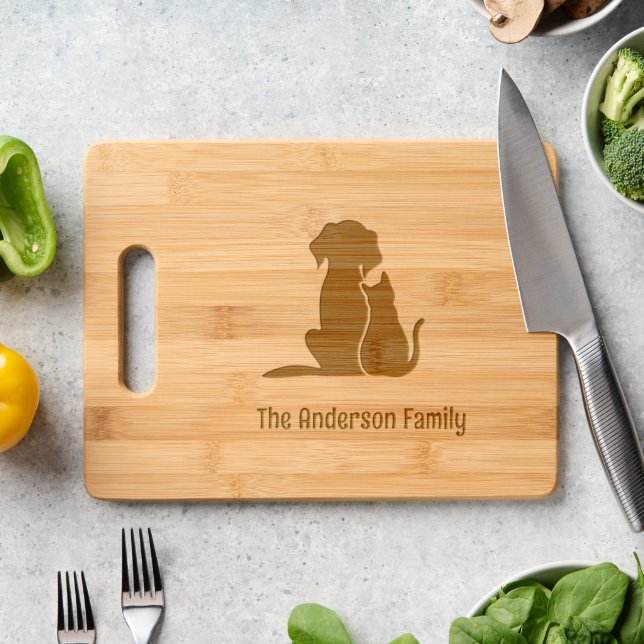 Cute Cat and Dog - Family Name Engraved Cutting Board (Kitchen Counter)