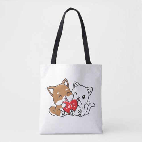 Cute cat and dog love tote bag