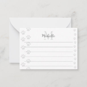 Cute Cat and Dog Pet Paw Prints Lined Monogram Note Card