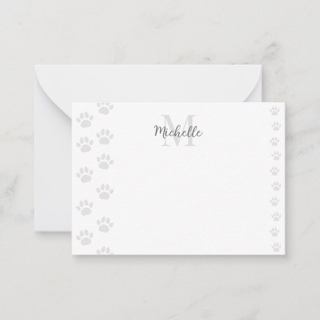 Cute Cat and Dog Pet Paw Prints Monogram Note Card (Front)