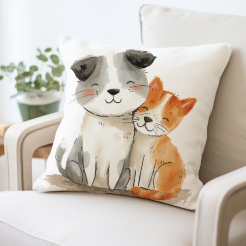 Cute Cat and Dog Pillow Animal Friends Throw Pillow