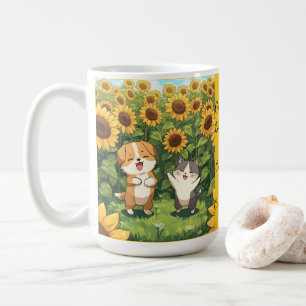 Cute Cat and Dog Sunflower Field Mug