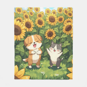 Cute Cat and Dog Sunflower Fleece Blanket