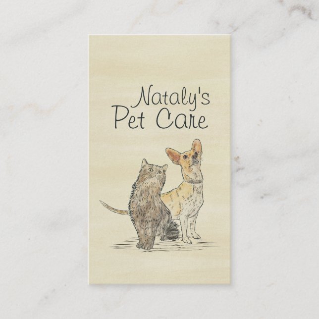 Cute Cat and Dog Watercolor Illustration Business Card (Front)