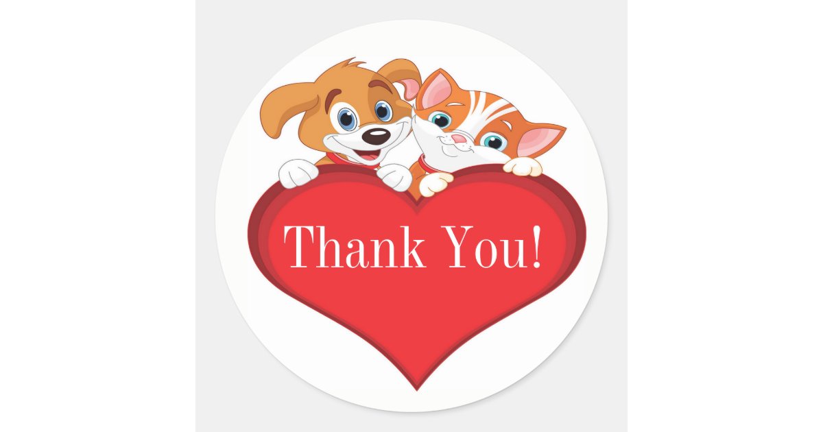 Cute Cat and Dog with Heart Thank You Classic Round Sticker | Zazzle
