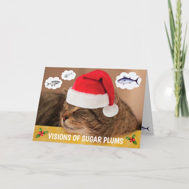 Cute Cat And Fish Christmas Holiday Card (Front)