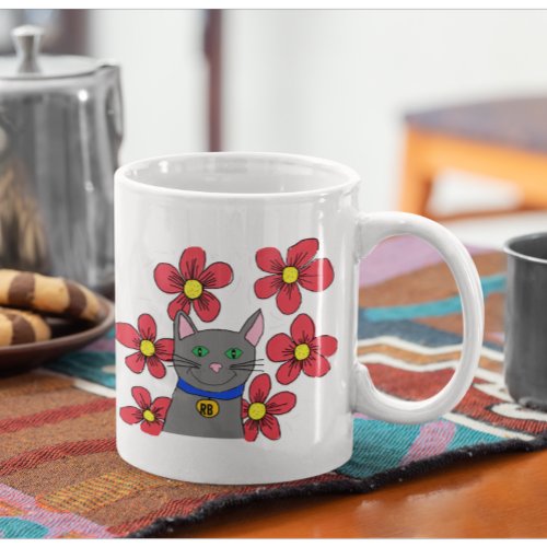 Cute cat and flowers Customise with own initial Coffee Mug