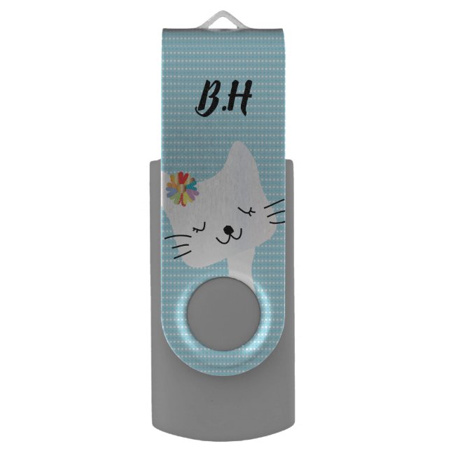 Cute Cat and Flowers Dotty Personalised Flash Drive (Front Vertical)
