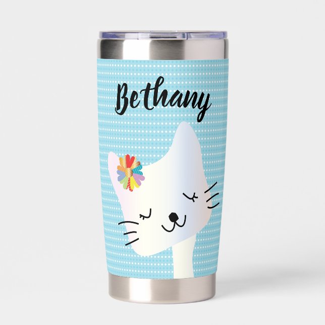 Cute Cat and Flowers Dotty Personalised  Insulated Tumbler (Front)
