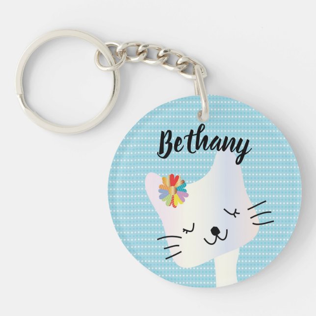 Cute Cat and Flowers Dotty Personalised Keychain (Front)