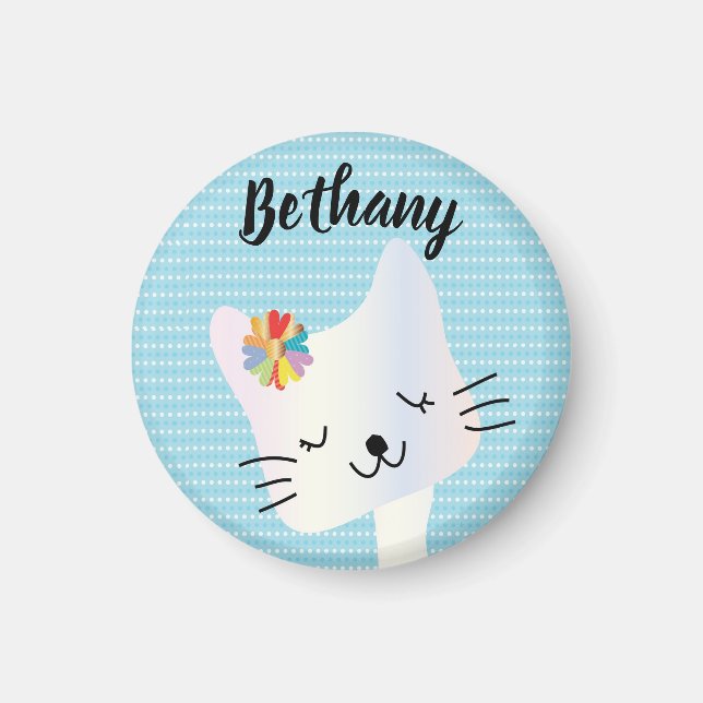 Cute Cat and Flowers Dotty Personalised Magnet (Front)