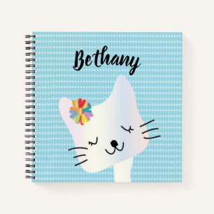 Cute Cat and Flowers Dotty Personalised Notebook