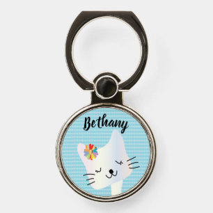 Cute Cat and Flowers Dotty Personalised Phone Ring Stand