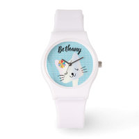 Cute Cat and Flowers Dotty Personalised Watch