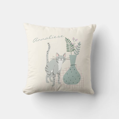 Cute Cat and Flowers Illustration Personalized Throw Pillow