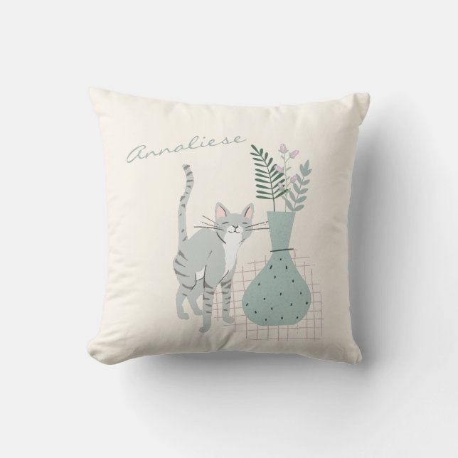 Cute Cat and Flowers Illustration Personalized Throw Pillow (Front)