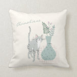 Cute Cat and Flowers Illustration Personalized Throw Pillow<br><div class="desc">This stylish throw pillow features a pretty illustration of a gray cat standing next to a teal green vase filled with florals and botanicals. Personalize it with your name in handwritten script typography. Great gift for cat lovers.</div>