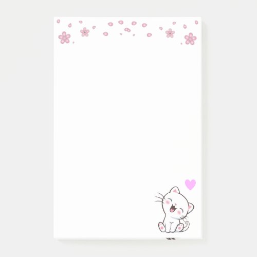 Cute Cat and Flowers on White Post_it Notes