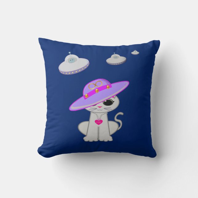 Cute Cat and Flying Saucers Throw Pillow (Front)