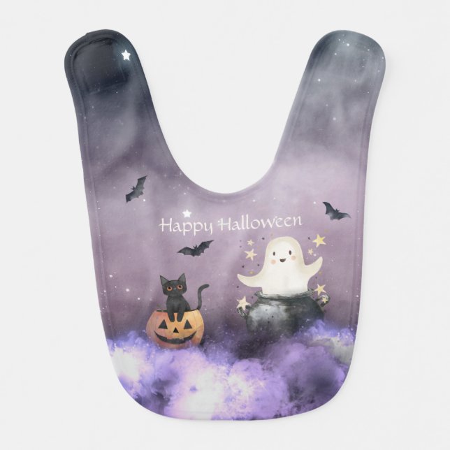 Cute Cat and Ghost Halloween Baby Bib (Front)