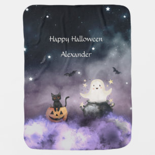 Cute Cat and Ghost Halloween Baby Blanket