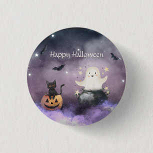 Cute Cat and Ghost Halloween Button