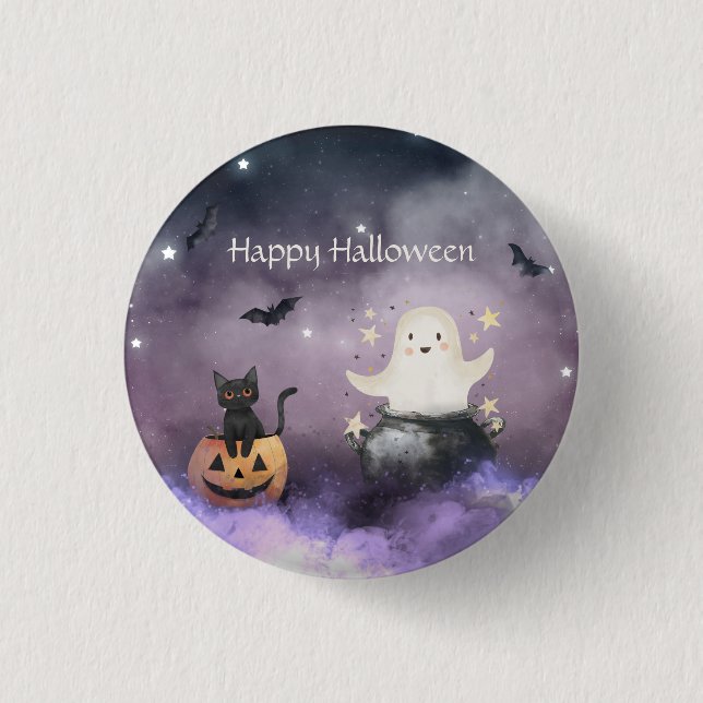 Cute Cat and Ghost Halloween Button (Front)