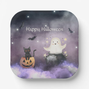 Cute Cat and Ghost Halloween Paper Plates