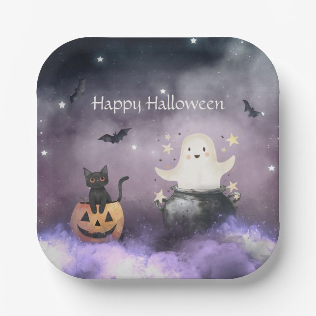 Cute Cat and Ghost Halloween Paper Plates (Front)