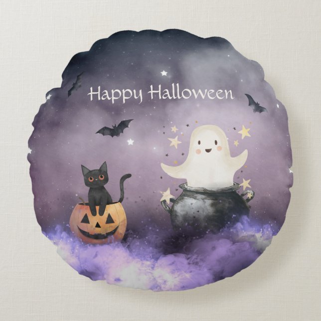 Cute Cat and Ghost Halloween Round Pillow (Front)