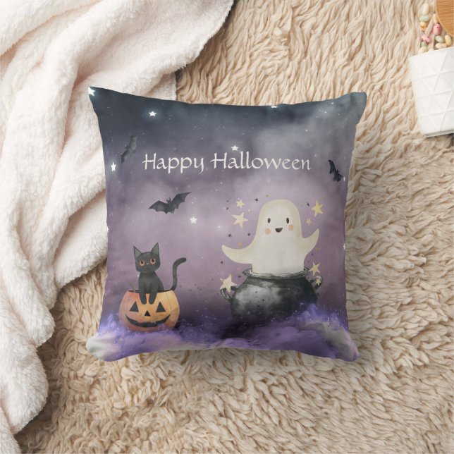 Cute Cat and Ghost Halloween Throw Pillow (Blanket)