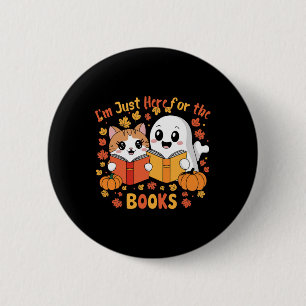 Cute Cat And Ghost Reading Halloween Books Scene Button