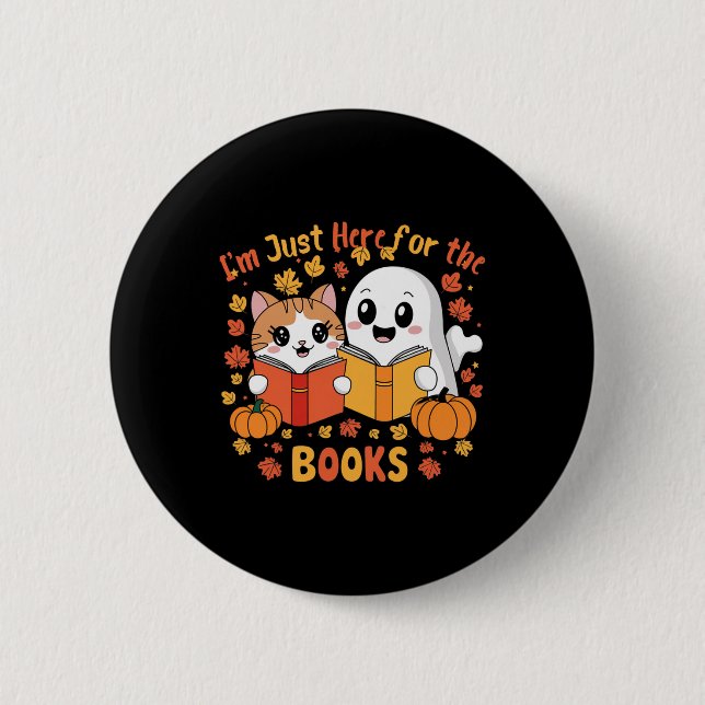 Cute Cat And Ghost Reading Halloween Books Scene  Button (Front)