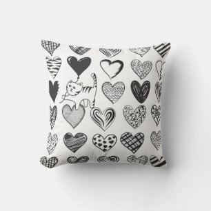 Cute Cat and Heart Black and White Pattern Throw Pillow