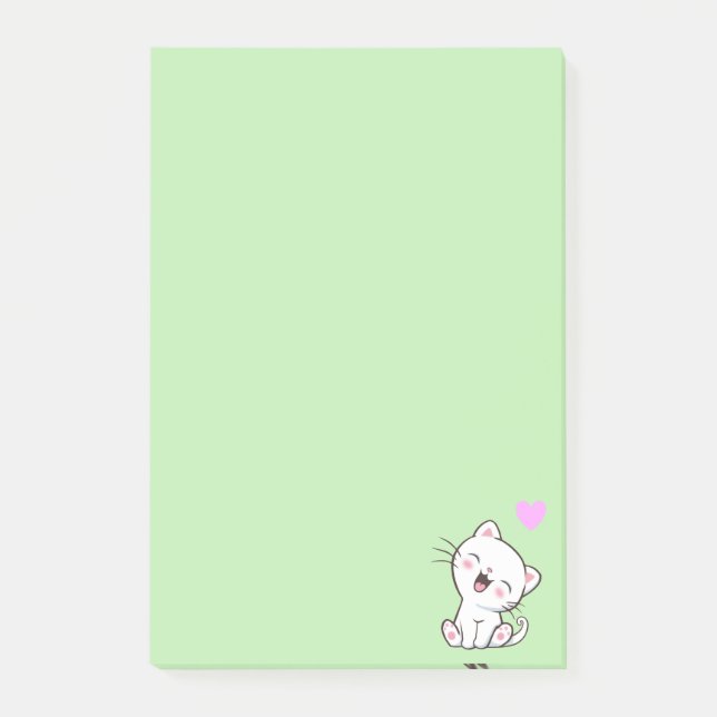 Cute Cat and Heart on Light Green Post-it Notes (Front)