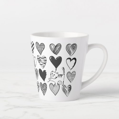 Cute Cat and Heart Pattern Illustration Latte Mug