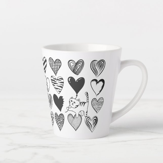 Cute Cat and Heart Pattern Illustration Latte Mug (Right)