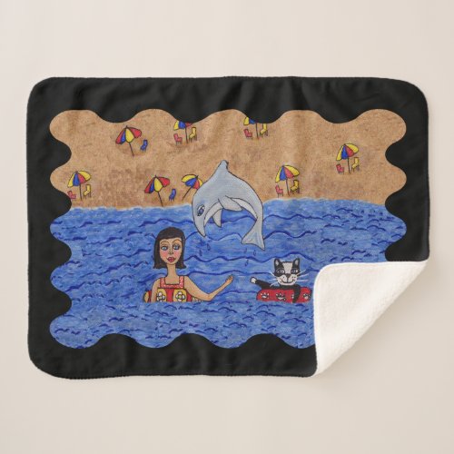 Cute Cat and Lady Red Inner Tubes in Ocean Dolphin Sherpa Blanket