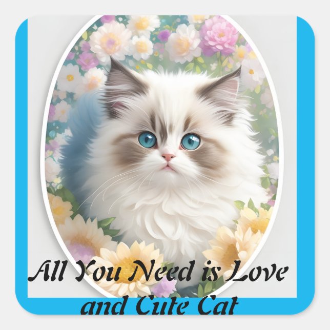 Cute Cat and Love Square Sticker (Front)