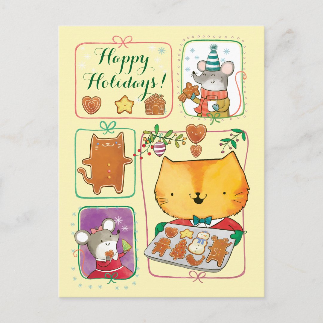 Cute Cat and Mice Merry Christmas Postcards