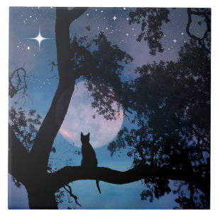 Cute Cat and Moon Art Tile
