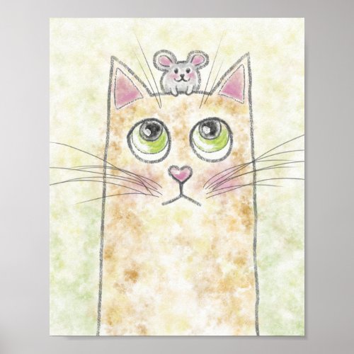 Cute Cat and Mouse Illustration Poster