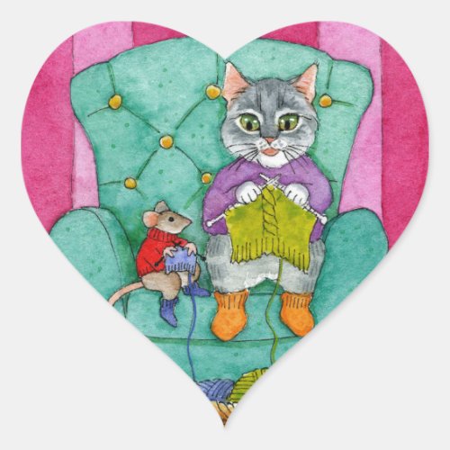Cute cat and mouse love to knit stickers