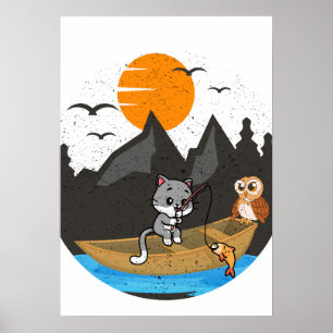 Cute Cat And Owl Fishing Boat Nature Art Poster